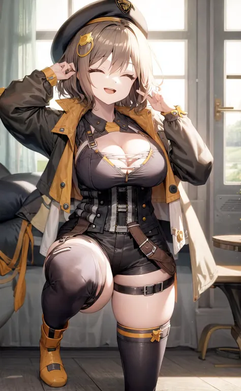 <lora:LoRA_NIKKE_Anis_v5_epoch-000004_1.0_NPD_dim4:1>,  best quality, ultra-detailed,,1girl, solo,  nikkeanis, aniswear, cross-eyed,  short_hair, open_mouth, large_breasts, brown_hair, hair_ornament, thighhighs, hat, cleavage, brown_eyes, jacket, yellow_eyes, knee pads, boots, shorts, black_thighhighs, beret, short shorts, happy closed eyes smile