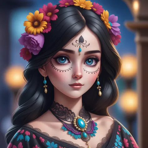 1girl, (Catrina MakeUp), (traditional dress), hair flower, blue eyes, long wavy hair, black hair, cute pose, cute, (realistic:1.2), (realism), (masterpiece:1.2), (best quality), (ultra detailed), (8k, 4k, intricate),(portrait), ,light particles, lighting, (highly detailed:1.2),(detailed face:1.2), (gradients), sfw, colorful,(detailed eyes:1.2)