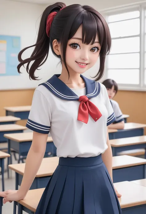 1girl, (white sailor-fuku, short sleeve, deep blue collar, deep blue skirt, red neckerchief:1.5) BREAK (cute,smile,bare face, open mouth, black hair:1.4) straight hear, medium hair, short tall, cowboy shot (in classroom, hands behind back:1.5) (dynamic pose,dynamic angle:1.2) BREAK japanese, japanese idol, black eyes (best quality, ultra high res, Realistic, RAW photo, real person, portrait photography, photorealistic, detailed skin, fair skin, beautiful detailed eyes) <lora:neg4all_bdsqlsz_xl_V7:0.8>