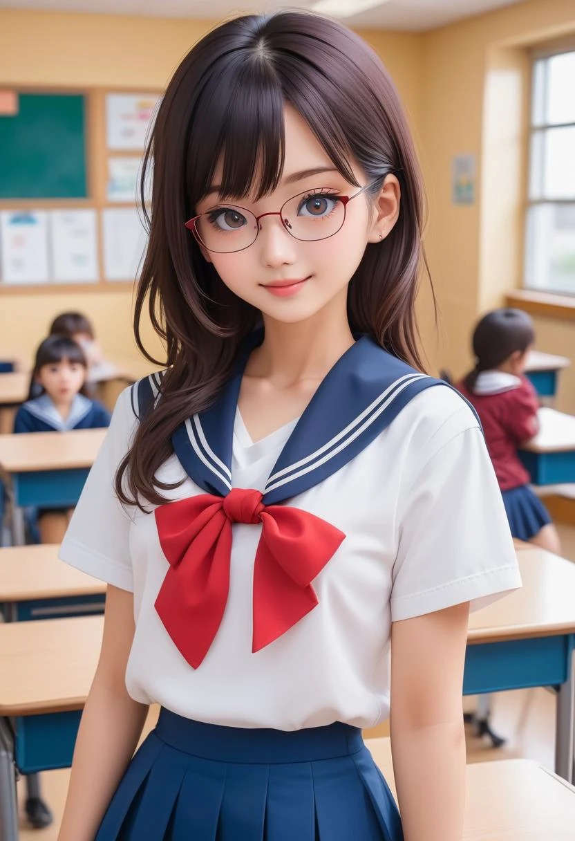 1girl (white sailor-fuku, short sleeve, deep blue collar, deep blue skirt, red neckerchief:1.5) BREAK (cute,sweet,tareme,red glasses,black hair:1.4) (smile:1.2) long hair, straight hear, bangs pinned back, short tall, cowboy shot (in classroom, hands behind back:1.5) (stand up:1.2) BREAK japanese, japanese idol, black eyes (best quality, ultra high res, Realistic, RAW photo, real person, portrait photography, photorealistic, detailed skin, fair skin, beautiful detailed eyes) <lora:neg4all_bdsqlsz_xl_V7:0.8>