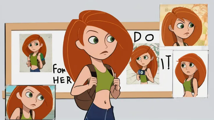 <lora:KimPPony1.0:0.8> KimP, 1girl, solo, green eyes, navel, backpack, midriff, bag, long hair, orange hair, blue pants, green tank top, <lora:DIFH:0.8> difh, photo (object), english text, multiple views, poster, tape, cropped, score 9, score 8 up, score 7 up, score 6 up, score 5 up, score 4 up,