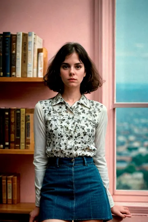 analog film photo solo, tstyle, realistic, ((vintage photo)), ((woman)), (((Shaggy bob))), (((kubrick stare):1.2)), ((Floral print collared shirt worn untucked with a denim flared skirt and espadrille wedges.)), ((enchanted library in the clouds with floating books and celestial knowledge)), ((dynamic pose)), , , high detailed, (cinematic shot:1.3), PA7_Human-Likeness, PA7_Photo-BW, 8k, clear facial features, pastel themed colorgrade, in style of wes anderson, <lora:PAseer-SD15-LCM Quick:1> <lora:picxer_real:.5> <lora:ReaLora:.2> skin <lora:TStyle_-_Photography_Style:.2>  <lora:[US]_-_Lesley_Ann_Warren:1> danalambert, lesleyannwarren . faded film, desaturated, 35mm photo, grainy, vignette, vintage, Kodachrome, Lomography, stained, highly detailed, found footage