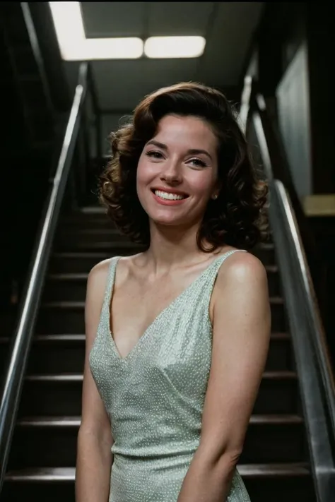 analog film photo solo, tstyle, realistic, ((vintage photo)), ((woman)), (((Shaggy All Over Curls on the Marvelletes))), (((grin512:1.2))), ((Mint Green Shift dress)), ((Picnic areas in parks)), ((taking escalator,putting hand on handrail, Dutch angle)), high detailed, (cinematic shot:1.3), PA7_Human-Likeness, PA7_Photo-BW, 8k, clear facial features, pastel themed colorgrade, in style of wes anderson, <lora:PAseer-SD15-LCM Quick:1> <lora:picxer_real:.5> <lora:ReaLora:.2> skin <lora:TStyle_-_Photography_Style:.2> <lora:[US]_-_Lee_Ann_Meriwether:1> leeannmeriwether . faded film, desaturated, 35mm photo, grainy, vignette, vintage, Kodachrome, Lomography, stained, highly detailed, found footage