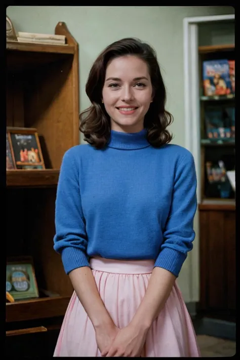 analog film photo (<lora:[US]_-_Lee_Ann_Meriwether:.8>) a (vintage:1.3) photograph of leeannmeriwether with The Bombshell, (grin512:1.1), Light Steel Blue Pleated skirt with sweater or blouse, Record stores, writing, in style of László Moholy-Nagy, high detailed, 8k, clear facial features, Professional Photography, Photorealistic, tstyle, solo, realistic, blurred background, RAW, analog style, sharp focus, 8k, ultra high resolution, DSLR, high quality, Fujifilm XT3, film grain, award winning, masterpiece, <lora:PAseer-SD15-LCM Quick:1> <lora:picxer_real:.7> <lora:ReaLora:.2> <lora:TStyle_-_Photography_Style:.4>  . faded film, desaturated, 35mm photo, grainy, vignette, vintage, Kodachrome, Lomography, stained, highly detailed, found footage