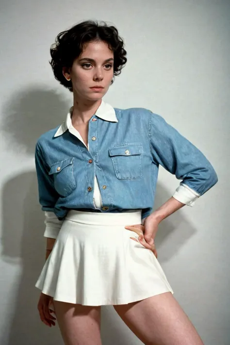 analog film photo solo, tstyle, realistic, ((vintage photo)), ((woman)), (((The Bombshell))), (((kubrick stare):1.2)), ((Chambray collared shirt worn untucked with a denim flared skirt and white sneakers.)), ((space colony marketplace)), ((dynamic pose)), , , high detailed, (cinematic shot:1.3), PA7_Human-Likeness, PA7_Photo-BW, 8k, clear facial features, pastel themed colorgrade, in style of wes anderson, <lora:PAseer-SD15-LCM Quick:1> <lora:picxer_real:.5> <lora:ReaLora:.2> skin <lora:TStyle_-_Photography_Style:.2>  <lora:[US]_-_Lesley_Ann_Warren:1> danalambert, lesleyannwarren . faded film, desaturated, 35mm photo, grainy, vignette, vintage, Kodachrome, Lomography, stained, highly detailed, found footage