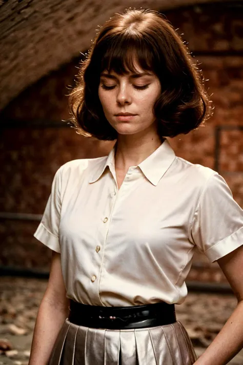 analog film photo solo, tstyle, realistic, ((vintage photo)), ((woman)), (((Feathered bangs))), (((closed eyes):1.2)), ((Silk collared shirt worn with a metallic pleated flared skirt and statement heels.)), ((underground bunker)), ((dynamic pose)), , , high detailed, (cinematic shot:1.3), PA7_Human-Likeness, PA7_Photo, 8k, clear facial features, pastel themed colorgrade, in style of wes anderson, <lora:PAseer-SD15-LCM Quick:1> <lora:picxer_real:.5> <lora:ReaLora:.2> skin <lora:TStyle_-_Photography_Style:.2>  <lora:[US]_-_Lesley_Ann_Warren:1> danalambert, lesleyannwarren . faded film, desaturated, 35mm photo, grainy, vignette, vintage, Kodachrome, Lomography, stained, highly detailed, found footage
