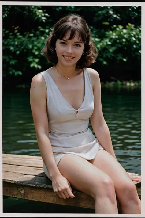 analog film photo (<lora:[US]_-_Lee_Ann_Meriwether:.8>) a (vintage:1.3) photograph of leeannmeriwether with Jane Fonda Soft Curls with Side-Swept Bangs Hairstyle, (grin512:1.1), Lavender Sheath dress, Open-air markets, Sitting on a wooden dock, feet dipped in water, staring at the reflection with introspection,, in style of Nan Goldin, high detailed, 8k, clear facial features, Professional Photography, Photorealistic, tstyle, solo, realistic, blurred background, RAW, analog style, sharp focus, 8k, ultra high resolution, DSLR, high quality, Fujifilm XT3, film grain, award winning, masterpiece, <lora:PAseer-SD15-LCM Quick:1> <lora:picxer_real:.7> <lora:ReaLora:.2> <lora:TStyle_-_Photography_Style:.4>  . faded film, desaturated, 35mm photo, grainy, vignette, vintage, Kodachrome, Lomography, stained, highly detailed, found footage