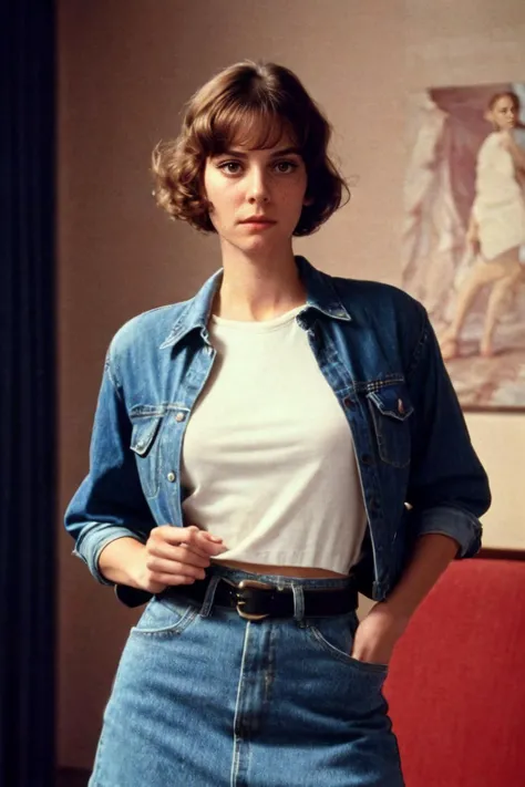 analog film photo solo, tstyle, realistic, ((vintage photo)), ((woman)), (((Feathered bangs))), (((annoyed):1.2)), ((Oversized denim collared shirt worn as a jacket over a graphic tee, paired with a black flared skirt and sneakers.)), ((art deco theater)), ((dynamic pose)), , , high detailed, (cinematic shot:1.3), PA7_Human-Likeness, PA7_Photo, 8k, clear facial features, pastel themed colorgrade, in style of wes anderson, <lora:PAseer-SD15-LCM Quick:1> <lora:picxer_real:.5> <lora:ReaLora:.2> skin <lora:TStyle_-_Photography_Style:.2>  <lora:[US]_-_Lesley_Ann_Warren:1> danalambert, lesleyannwarren . faded film, desaturated, 35mm photo, grainy, vignette, vintage, Kodachrome, Lomography, stained, highly detailed, found footage