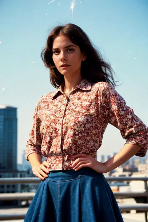 analog film photo solo, tstyle, realistic, ((vintage photo)), ((woman)), (((Hippie Hair))), (((sleepy):1.2)), ((Floral print collared shirt worn untucked with a denim flared skirt and espadrille wedges.)), ((futuristic city skyline during a meteor shower)), ((dynamic pose)), , , high detailed, (cinematic shot:1.3), PA7_Human-Likeness, PA7_Photo, 8k, clear facial features, pastel themed colorgrade, in style of wes anderson, <lora:PAseer-SD15-LCM Quick:1> <lora:picxer_real:.5> <lora:ReaLora:.2> skin <lora:TStyle_-_Photography_Style:.2>  <lora:[US]_-_Lesley_Ann_Warren:1> danalambert, lesleyannwarren . faded film, desaturated, 35mm photo, grainy, vignette, vintage, Kodachrome, Lomography, stained, highly detailed, found footage