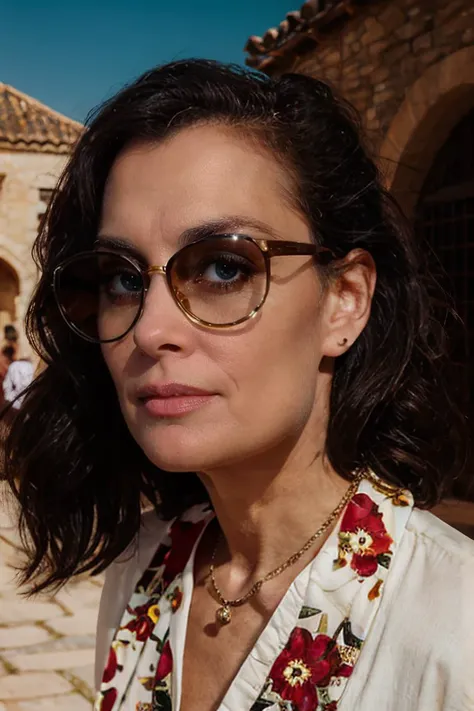 janebadler,a woman wearing Floral jumpsuit, wedge sandals, shoulder bag, pendant necklace, sunglasses, (dynamic pose), (medieval courtyard), (soft lighting:0.5), by Inez van Lamsweerde and Vinoodh Matadin <lora:[US]_-_Jane_Badler:1> <lora:RStyle_-_Photography_Style:.5> rstyle
