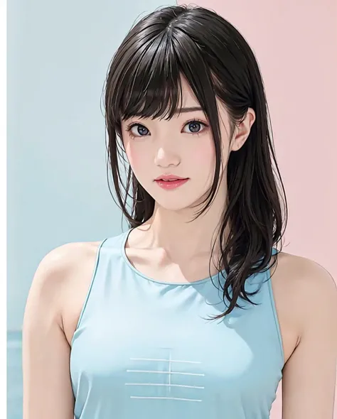 best quality, RAW, detailed, photorealistic, 8k, high res, 1girl, woman, (portrait:0.6), gorgeous, ((poolsidebackground:2)), ((white sleeveless tshirt:2.5, mediumsize round breast:1.5)), head straight-looking at viewer:2.2, (1girl eyes looking at viewer, short-length straighthair, blackhair, bangs:1.65), photorealistic, (bokeh), (closed mouth:1.3), gorgeous, pureerosface_v1, <lora:AVID-shoko:0.7> <lora:GRAV-:0.7>