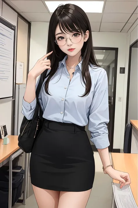 (masterpiece:1.2, best quality),1girl, knee shot, korean girl. shot miniskirt. glases, office lady