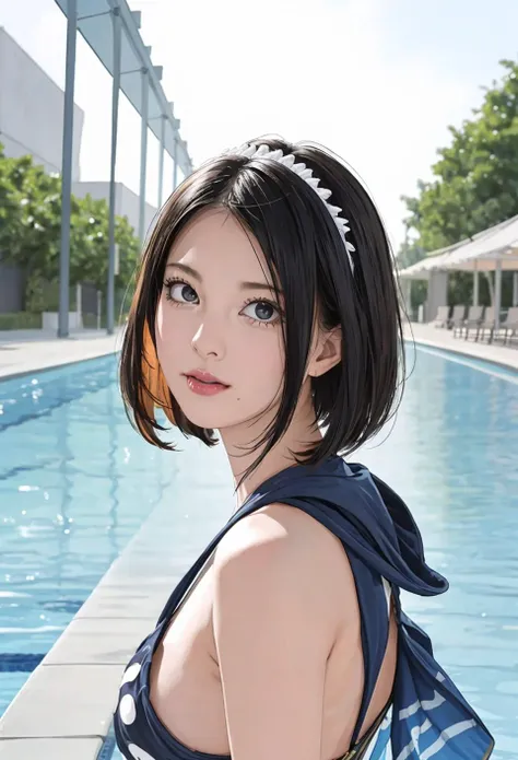 best quality, photorealistic, 8k, high res, 1girl, woman, (skindentation), (portrait:0.6), gorgeous, ((poolsidebackground:2)), ((race queen costume:1.9)), straight-looking at viewer:1.8, (1girl eyes looking at viewer, short-length straighthair, black hair, partedbangs:1.65), photorealistic, (bokeh), (smile:1.1), (closed mouth:1.66), gorgeous, <lora:AVID-china:0.75>