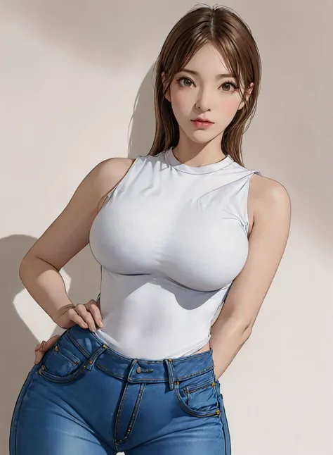 best quality, photorealistic, 8k, high res, 1girl, woman, (skindentation), (portrait:0.6), gorgeous, ((cityscapeebackground:1.6)), ((smallsize round breast, denim pants and sleeveless white tshirt:1.98)), straight-looking at viewer:1.8, (1girl eyes looking at viewer, medium-length hair,  brownhair, partedbangs:1.65), photorealistic, (bokeh), (closed mouth:1.46), gorgeous, <lora:GRAV-jisamss:0.75>