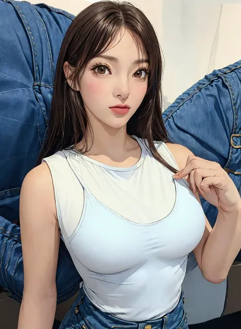 best quality, photorealistic, 8k, high res, 1girl, woman, (skindentation), (portrait:0.6), gorgeous, ((cityscapeebackground:1.6)), ((smallsize round breast, denim pants and sleeveless white tshirt:1.98)), straight-looking at viewer:1.8, (1girl eyes looking at viewer, medium-length hair, brownhair, partedbangs:1.65), photorealistic, (bokeh), (closed mouth:1.46), gorgeous, <lora:GRAV-jisamss:0.75>