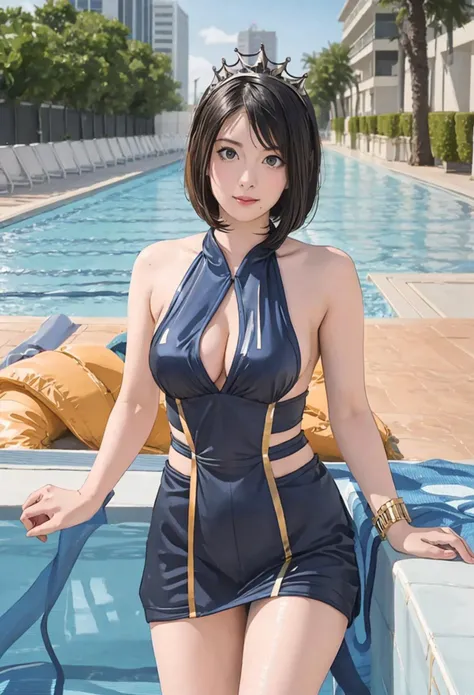 best quality, photorealistic, 8k, high res, 1girl, woman, (skindentation), (portrait:0.6), gorgeous, ((poolsidebackground:2)), ((race queen costume:1.9)), straight-looking at viewer:1.8, (1girl eyes looking at viewer, short-length straighthair, black hair, partedbangs:1.65), photorealistic, (bokeh), (smile:1.1), (closed mouth:1.66), gorgeous, <lora:AVID-china:0.75>