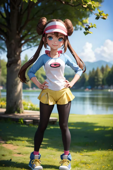 rosa_pokemon, visor, long brown hair, hair buns, twintails, blue eyes,raglan sleeves, long sleeves, yellow shorts, black pantyhose, shoes, looking at viewer, smiling, full body shot, standing, hands on hips, outside, park, lake, trees, blue sky, high quality, masterpiece, <lora:rosa_pokemon:.8>