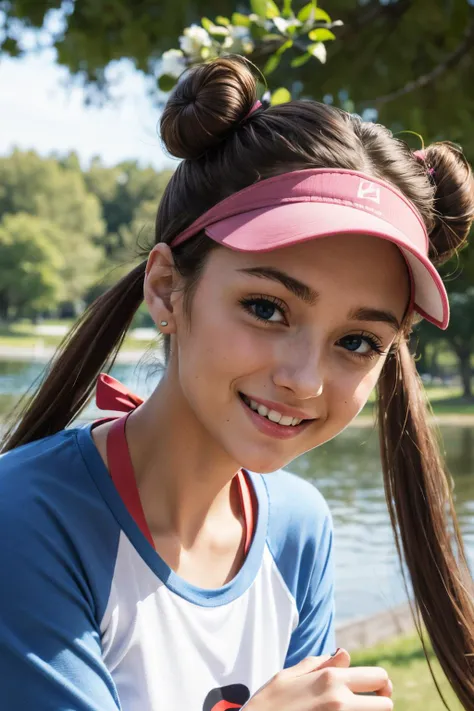 rosa_pokemon, visor, long brown hair, hair buns, twintails, blue eyes, raglan sleeves, long sleeves, looking at viewer, smiling, close up, outside, park, lake, trees, sunny, high quality, masterpiece, <lora:rosa_pokemon:.8>