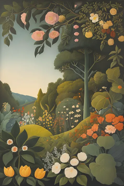 masterpiece,best quality,<lora:tbh128-:0.5>,flower,illustration,style of Henri Rousseau,
