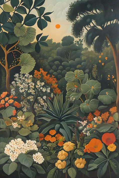masterpiece,best quality,<lora:tbh128-:1>,garden ,illustration , oil painting , style of Henri Rousseau