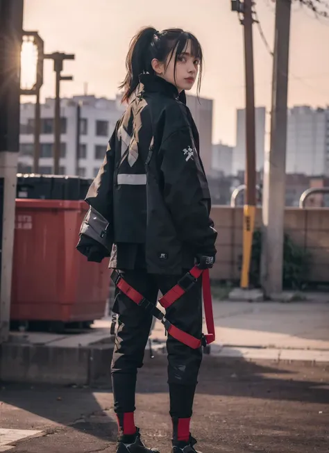 <lora:cuteGirlMix4_v10:0.4>, mix4, night, Ray Tracing, realistic, photorealistic, detailed, realistic details, depth of field, professional lighting, neon city, (1 girl:1.3), ponytail, from side, pose for camera, (realistic, photo-realistic:1.37), (8k, RAW photo, best quality, masterpiece:1.2), ultra-detailed, physically-based rendering, ultra high res, looking at viewer, full body, (black techwear jacket and red trousers with buckle and tape), soft backlighting, <lora:urbanSamuraiClothing_urbansamuraiV03:0.7>, <lora:EnhancedBacklighting_v10:0.3>