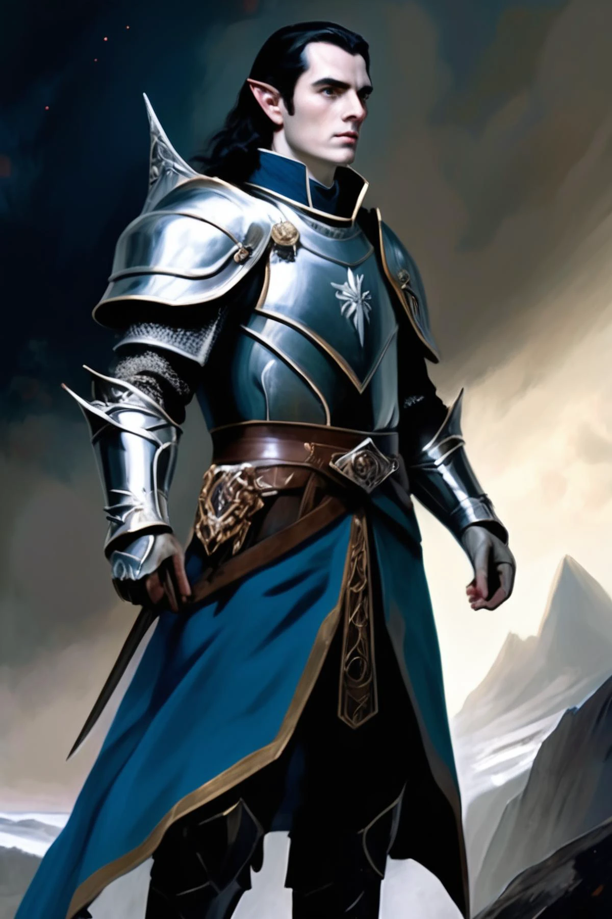 (art by goya:1.3), (fantasy illustration of the world of tolkien, mythic fantasy:1.3), male elf, dark hair, silver armor, blue shield with crystals, (Fingolfin was the strongest, the most steadfast, and the most valiant.:0.5)
<lora:add_detail:0.7> <lora:aesthetic:0.7> <lora:HighElf:0.7> <lora:backlighting:0.5>