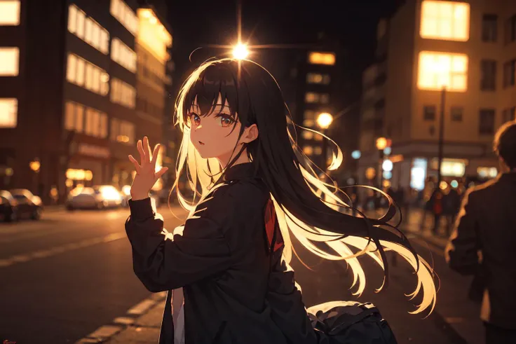1girl,dynamic pose,city,night, <lora:EnhancedBacklighting_v10:0.6> backlighting,long hair,