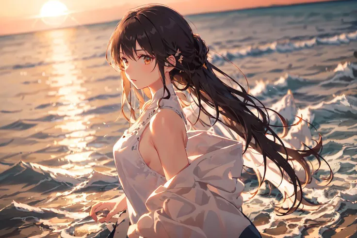 1girl,(Front:1.5),Beach, <lora:EnhancedBacklighting_v10:0.6> backlighting,long hair,