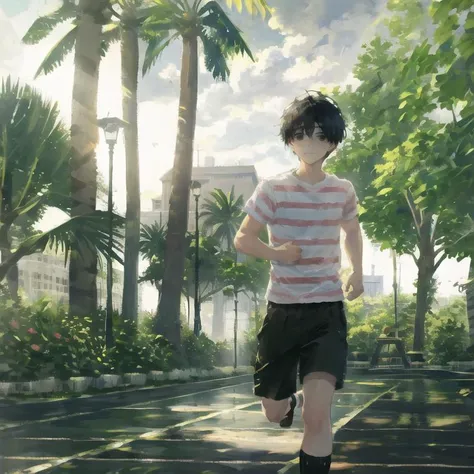 shirt, tree, solo, 1boy, shorts, red striped, running, building, plant, outdoors, socks, standing, shadow, striped shirt, black hair, male focus, black shorts, short sleeves, short hair, palm tree, feet out of frame, black eyes