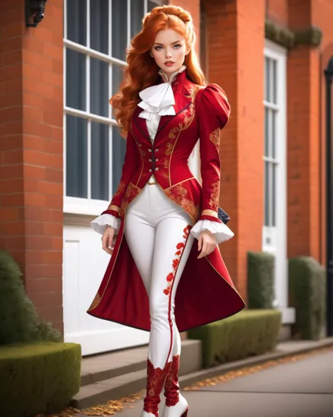 a woman in a red coat and white pants is walking down the street