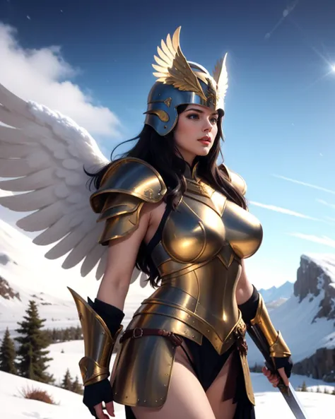 a woman in a gold outfit with wings and a sword