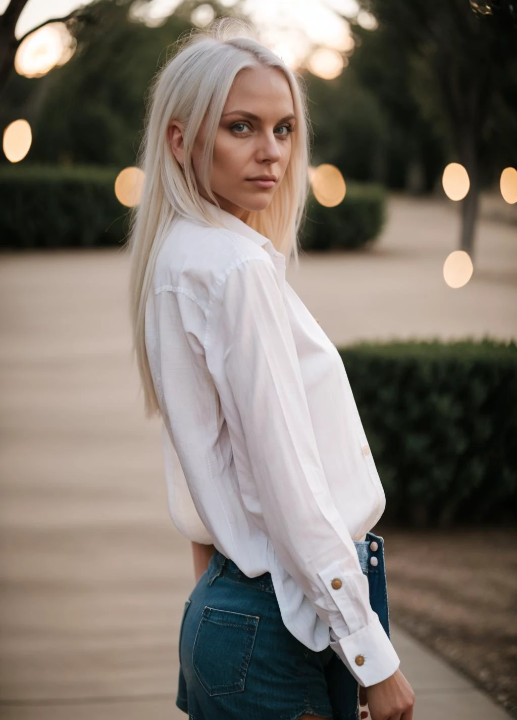 <lora:Nobody_MackenzieDream:1>dr34m, platinum blonde hair, (best quality:1.2), (masterpiece:1.2), (absurdres:1.2), (detailed background), looking at viewer, (shiny skin), outdoors, day with sunlight, standing, (wearing only a long oversized buttoned shirt:1.2), no shorts, no pants, no skirts, no panties, curious face, hand behind back, perfect eyes, highly detailed beautiful expressive eyes, 35mm photograph, film, bokeh, professional, 4k, highly detailed dynamic lighting, photorealistic, 8k, raw, rich, intricate details, key visual, vivid colors
