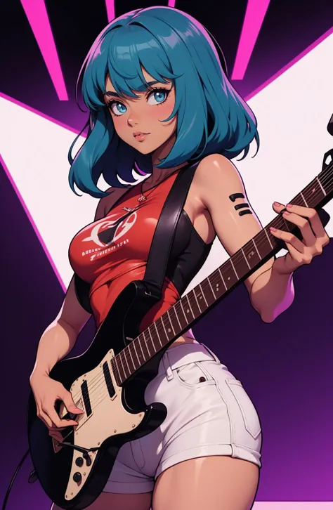 man mclain but danny phantom, man mclain mujer, playing the guitar, She is wearing a black top that is held up by a strap on her left shoulder., anatomia sexy, electric guitar, playing guitar