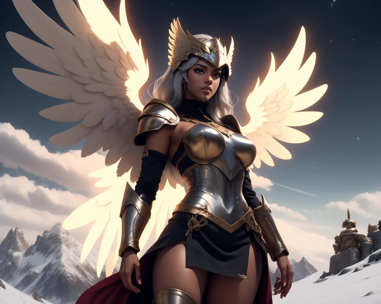 anime artwork adult beautiful woman, ((solo)), high quality, best quality, highres, high detail, moody composition,afterglow, <lora:Nobody_ZoeDream:0.8> dr34m, (dark skin), bangs, cel shading, line art, skirt lift (screengrab from legend) epic fantasy Valkyrie warrior, ((glorious, aureate)), Gold and Silver majestic armor, decorated,(winged helmet), (angel wings),celestial background, Norse mythology, majestic snowy mountains, gleaming sword, ethereal glow, highly detailed, art by Frank Frazetta and Yoshitaka Amano, 8k resolution, . anime style, key visual, vibrant, studio anime, highly detailed