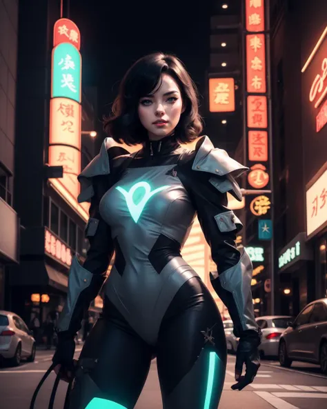 anime artwork solo, beautiful adult woman, high quality, best quality, highres, dr34m, standing, black hair, <lora:Nobody_MadelineDream:0.7> A cybernetic knight in a neon-lit futuristic city, armor glowing with holographic symbols, art by Yoji Shinkawa . anime style, key visual, vibrant, studio anime, highly detailed