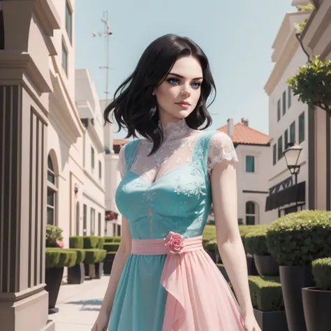 A Dress elegant famous, fantasy crystal, rococo white green marine,aqua, lace pink , photography, ultra realistic , intricate, elegant, highly detailed, dr34m, standing, black hair, <lora:Nobody_MadelineDream:1>