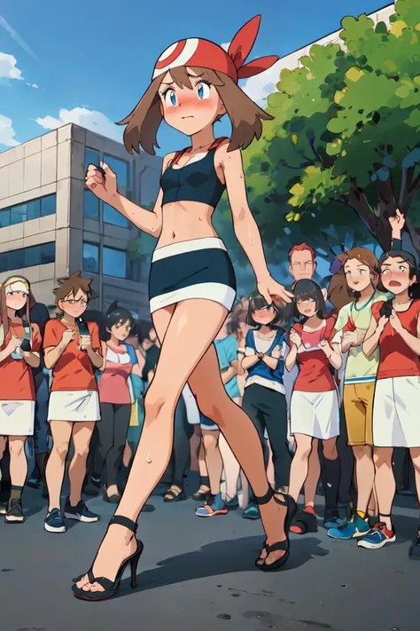 masterpiece, best quality, highres, 1girl, may (pokemon), <lora:mayHarukaPokemonAdvanced:0.5>, embarrassed, blush, sweat, HUD_Clrblk_1, midriff, crop top, short skirt, high heels, navel, <lora:Basics_Collection_Colorblock_2_PC:0.6>, outdoors, crowd, cleavage