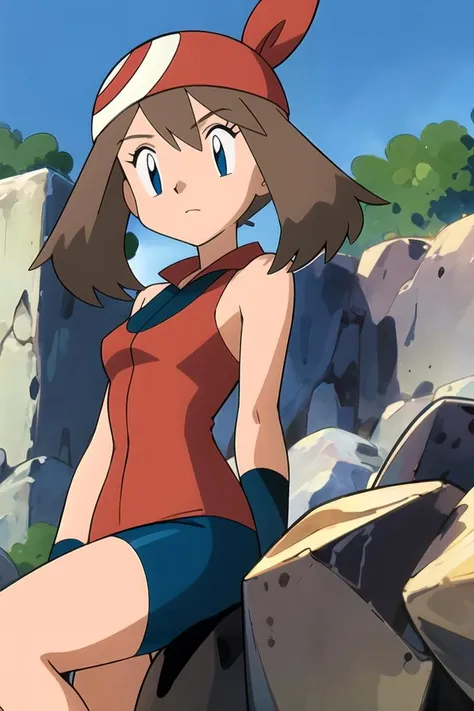 masterpiece, best quality, highres, outdoors, 1girl, solo, may (pokemon), bandana, red shirt, bare shoulders, <lora:mayHarukaPokemonAdvanced:0.6>