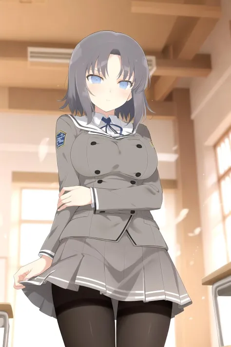 masterpiece, best quality, yumi (senran kagura), 1girl, solo, grey hair, short hair, blue eyes, school uniform, pantyhose, <lora:Senran_kagura_style:0.4> <lora:yumi_senran kagura 2.0-000012:0.4>