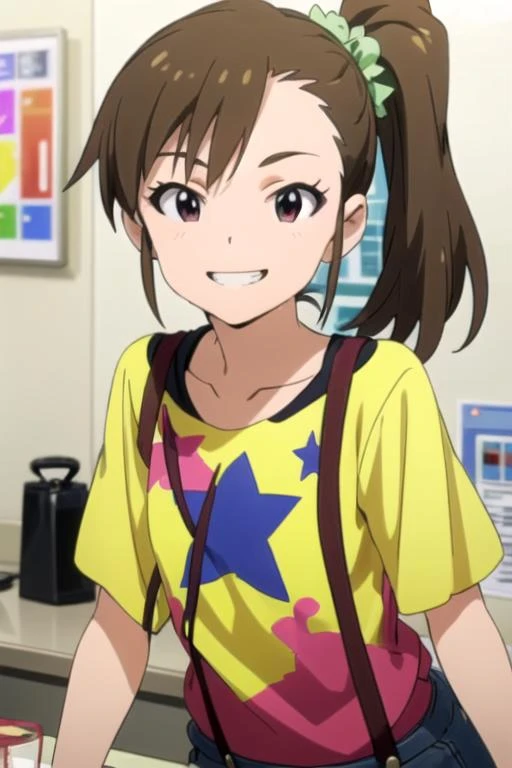 (((pixel-perfect, detail-perfect))), solo, 1girl, <lora:mami-idolmaster:0.7>, mami futami, shirt, star (symbol), suspenders, looking at viewer, smile, grin