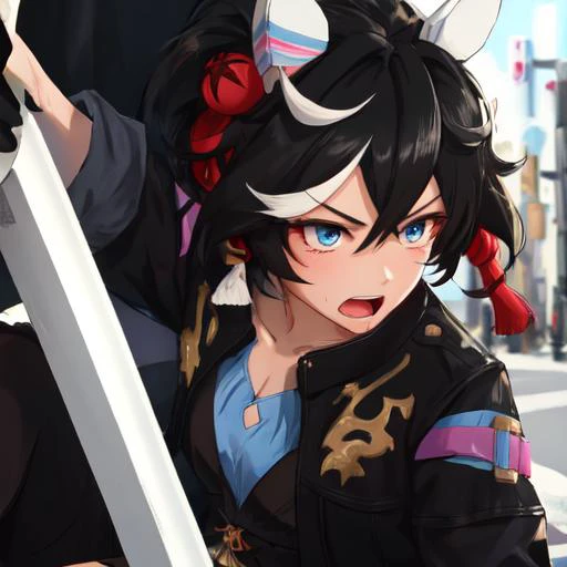 masterpiece, best quality, close up, face shot, angry, open mouth, street, looking at viewer,
katsuragi ace \(umamusume\), carry japanese sword on own back, 
ear covers, hair ornament, black gloves, red gloves, two-tone gloves, half gloves, high collar, blue shirt, frills, clothing cutout, cleavage cutout, long sleeves, black coat, belt, black shorts, short shorts, kneehighs, black socks, white footwear, sneakers, 
<lora:katsuragi_ace_loha:0.8>