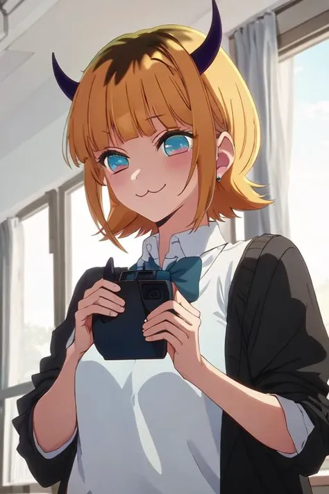 irohaisshiki, iroha isshiki, long hair, brown hair, (brown eyes:1.5), take a selfie from above your head,With his left hand, he spreads the collar of his shirt and shows his cleavage.,Smile, smile, open your mouth,short braided hair,ponytail,blush,smile,Maid clothes,Medium chest,she was wearing a miniskirt, black pantyhose, sitting cross-legged on a chair,So that the whole body goes into the illustration,
break indoors, coffee shop,
break looking at viewer,
break (masterpiece:1.2), highest quality, High resolution, unity 8k wallpaper, (shape:0.8), (fine and beautiful eyes:1.6), highly detailed face, perfect lighting, Very detailed CG, (perfect hands, perfect anatomy),