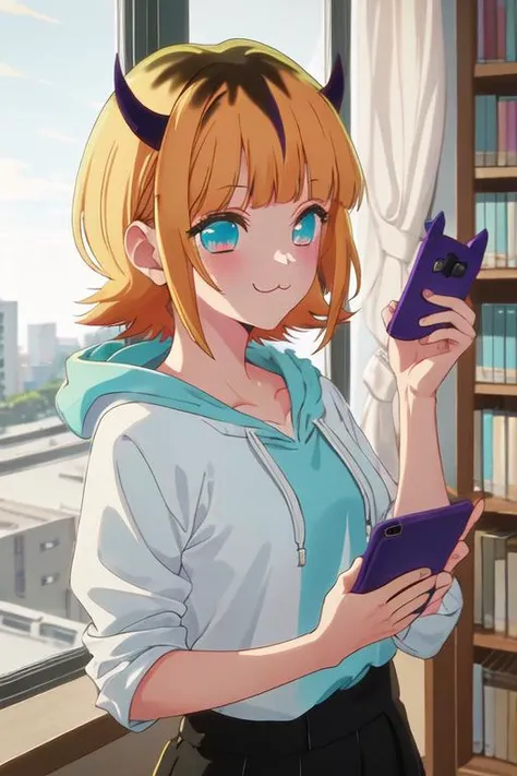 best quality, masterpiece, highres, solo, {mem_oshinoko:1.15}, bangs, short_hair, blonde_hair, blunt_bangs, horns, :3, smile, multicolored_hair, blue_eyes, 1girl, aqua_eyes, holding, holding_phone, phone, shirt, two-tone_hair, white_shirt, cellphone, smartphone, hood, portrait, virtual_youtuber, bookshelf
