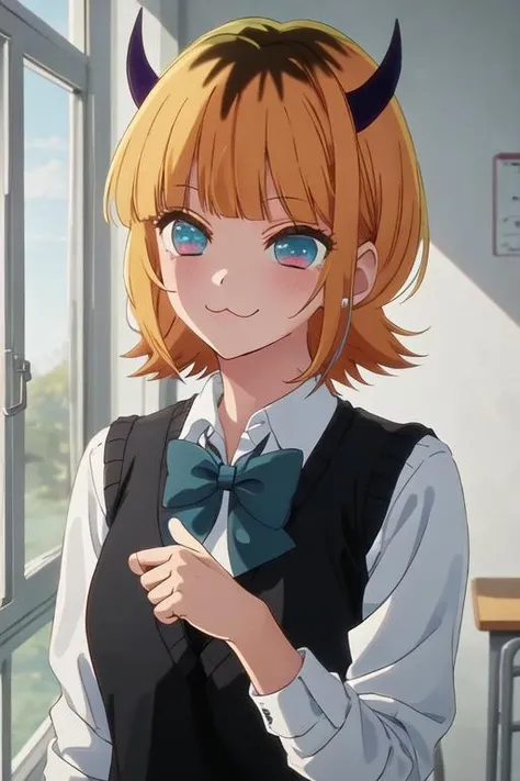 best quality, masterpiece, highres, solo, {mem_oshinoko:1.15}, bangs, short_hair, blonde_hair, blunt_bangs, horns, :3, smile, multicolored_hair, blue_eyes, 1girl, shirt, white_shirt, school_uniform, sweater_vest, bow, bowtie, looking_at_viewer, upper_body