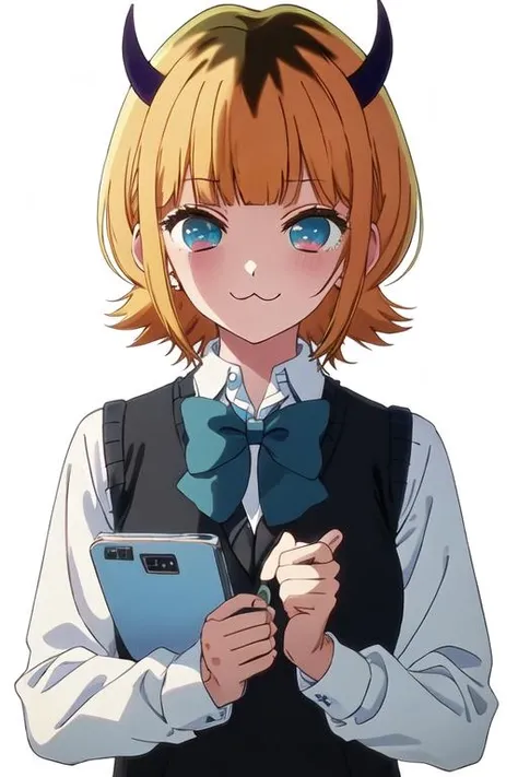 best quality, masterpiece, highres, solo, {mem_oshinoko:1.15}, bangs, short_hair, blonde_hair, blunt_bangs, horns, :3, smile, multicolored_hair, blue_eyes, 1girl, bow, bowtie, closed_eyes, collared_shirt, demon_horns, school_uniform, shirt, white_shirt, blue_bow, sweater_vest, upper_body, black_vest, two-tone_hair, vest, facing_viewer, white_background, ^_^, closed_mouth, long_sleeves, simple_background, blue_bowtie