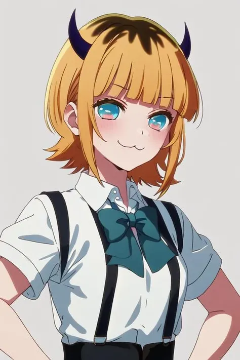best quality, masterpiece, highres, solo, {mem_oshinoko:1.15}, bangs, short_hair, blonde_hair, blunt_bangs, horns, :3, smile, multicolored_hair, blue_eyes, blush, closed_eyes, closed_mouth, shirt, yellow_shirt, 1girl, hand_on_hip, short_sleeves, smug, suspenders, grey_background, demon_horns, upper_body
