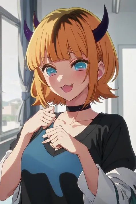 best quality, masterpiece, highres, solo, {mem_oshinoko:1.15}, bangs, short_hair, blonde_hair, blunt_bangs, horns, :3, smile, multicolored_hair, blue_eyes, 1girl, shirt, upper_body, open_mouth, purple_shirt, fang, aqua_eyes, collarbone, demon_horns