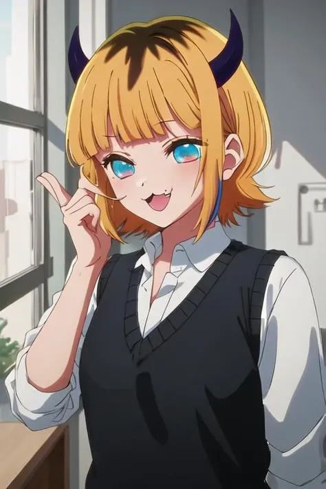 best quality, masterpiece, highres, solo, {mem_oshinoko:1.15}, bangs, short_hair, blonde_hair, blunt_bangs, horns, :3, smile, multicolored_hair, blue_eyes, 1girl, closed_eyes, indoors, shirt, anime_coloring, demon_horns, fang, open_mouth, upper_body, parody