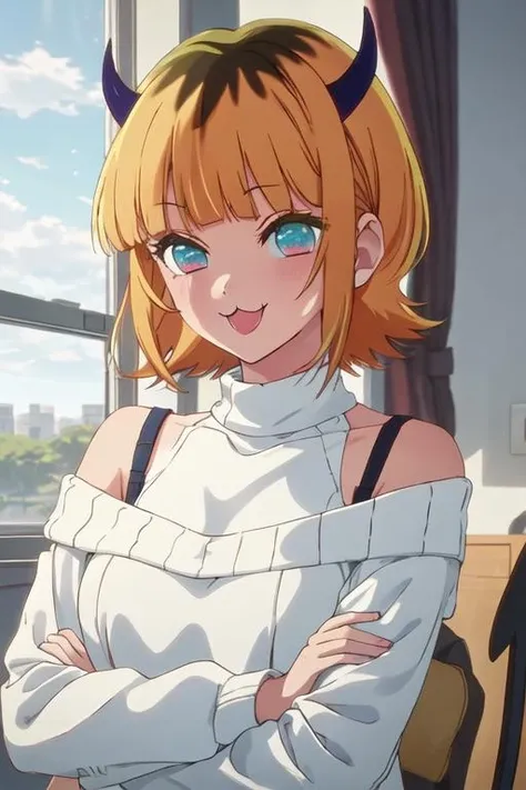 best quality, masterpiece, highres, solo, {mem_oshinoko:1.15}, bangs, short_hair, blonde_hair, blunt_bangs, horns, :3, smile, multicolored_hair, blue_eyes, 1girl, shirt, virtual_youtuber, green_eyes, bare_shoulders, demon_horns, off_shoulder, upper_body, sweater, open_mouth