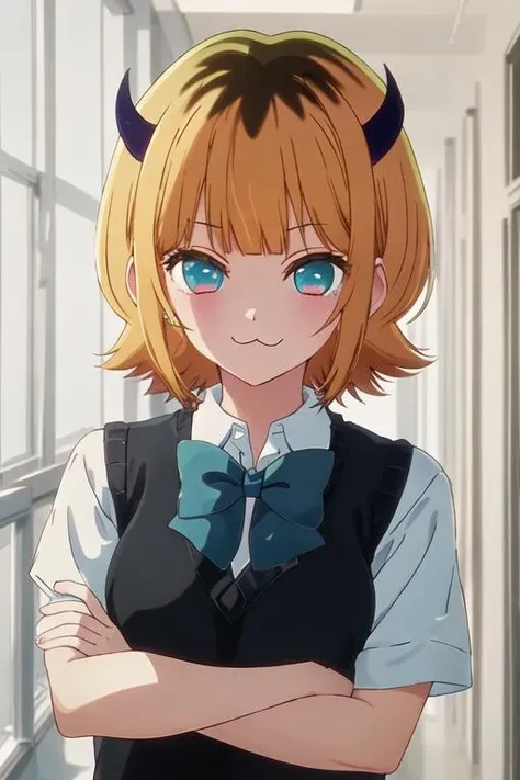 best quality, masterpiece, highres, solo, {mem_oshinoko:1.15}, bangs, short_hair, blonde_hair, blunt_bangs, horns, :3, smile, multicolored_hair, blue_eyes, 1girl, black_vest, blue_bow, bow, bowtie, collared_shirt, demon_horns, looking_at_viewer, school_uniform, shirt, sweater_vest, upper_body, vest, white_shirt, virtual_youtuber, aqua_eyes, hallway, school, indoors